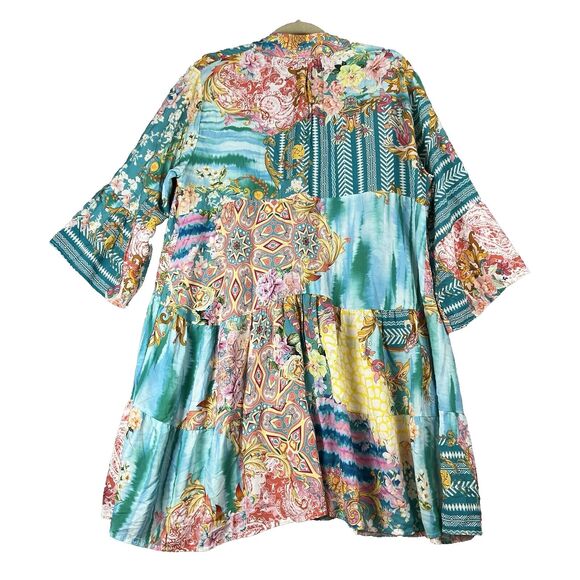 Women Dress  Large Made‎ In Italy Mix Print Patch Dress Fairy Bell Sleeve - Picture 3 of 12